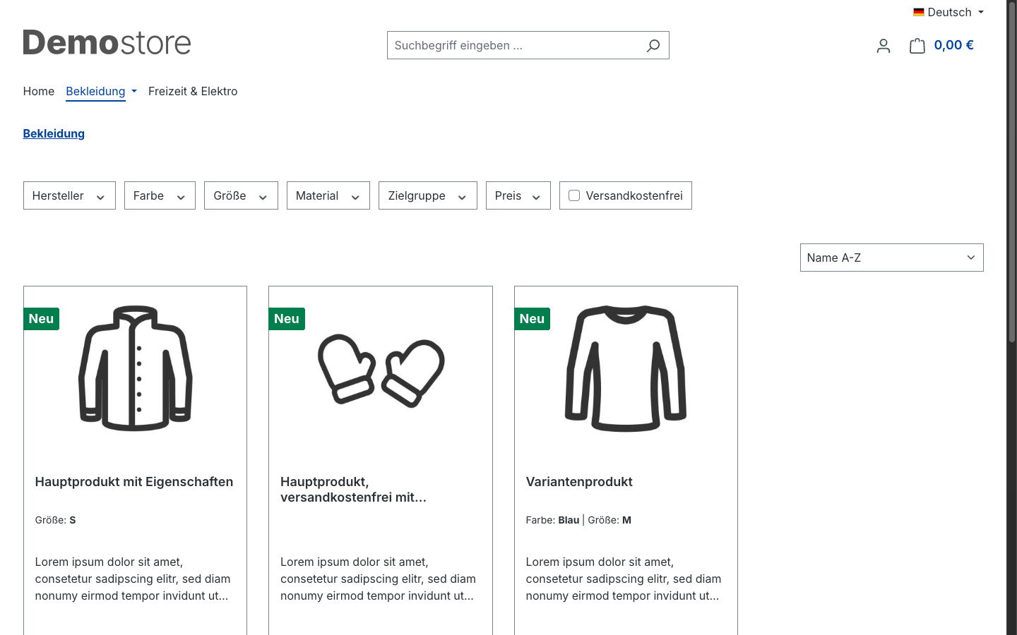 Produktliste mit Preisen und Warenkorb
